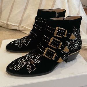 CHLOE SUSAN VELVET EMBELLISHED BOOTIES, in Black, Size 37.5, Worn Once